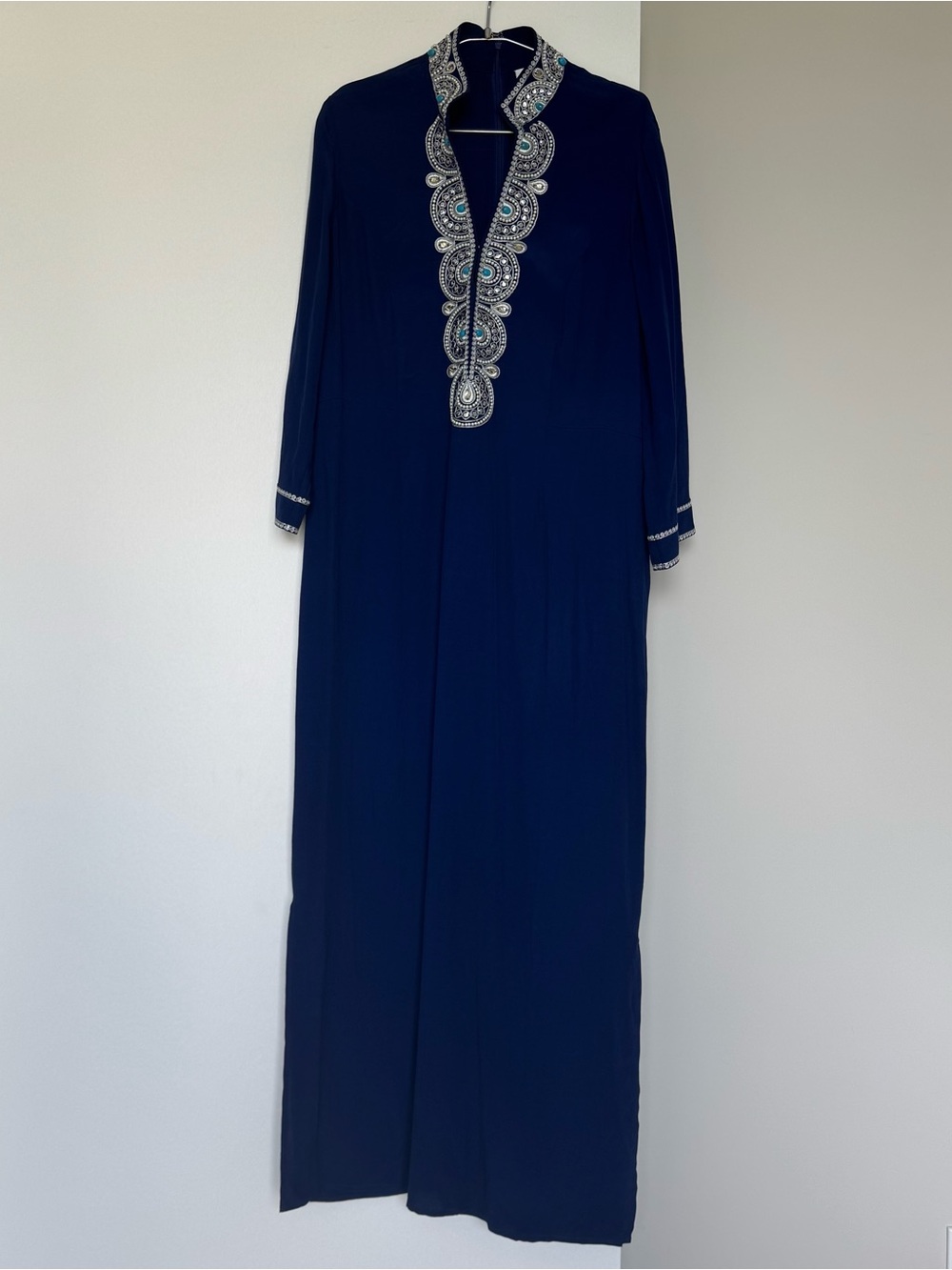 NicoBlu Beaded Caftan Tunic Maxi Dress Navy Blue 10 Luxury Resort - Picture 2 of 8